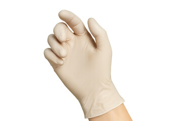 Hand wearing a beige latex medical glove, fingers slightly curled, ready for grasping or holding, representing protection and safety