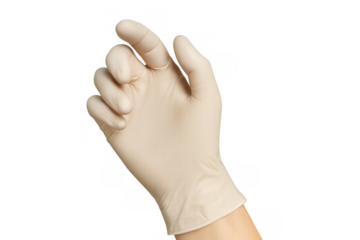 Hand wearing a beige latex medical glove, fingers slightly curled, ready for grasping or holding, representing protection and safety