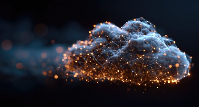 Digital cloud computing concept, a network of illuminated connections, against a dark backdrop