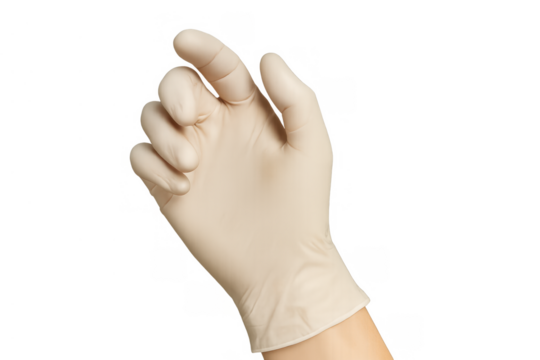 Hand wearing a beige latex medical glove, fingers slightly curled, ready for grasping or holding, representing protection and safety