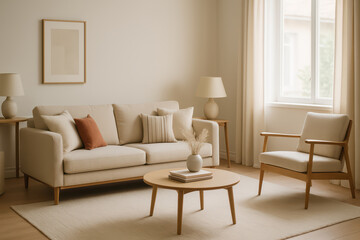Fototapeta premium Modern living room with beige sofa and armchair, wooden coffee table with vase, soft cushions, warm lighting, and large window with curtains creating cozy atmosphere