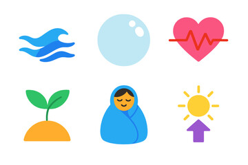 Healing Journey Icons. Healing Journey Set flat icon set: soothing wave, reflection bubble, steady heartbeat, growth sprout, comfort blanket, hope symbol