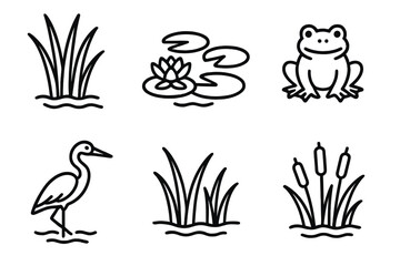 Wetland Icon Collection. Natural Wetlands linear icon set. reeds, lily pads, frog, heron, shallow water, cattails.