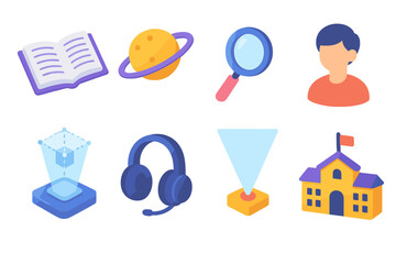 Vibrant Educational Icons. Educational AR flat icon set: open book, planet model, magnifying glass, student avatar, 3D projection, headset, light beam, school icon