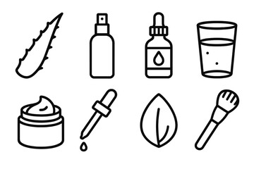 Naklejka premium Skincare Essentials Icons. Hydrating Essentials linear icon set: aloe leaf, mist spray, hyaluronic acid bottle, glass of water, cool gel, dropper, flower petal, skincare brush
