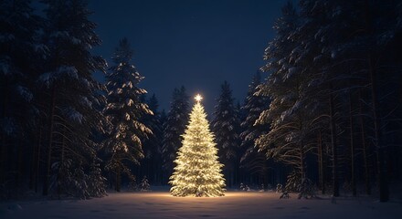 Illuminated christmas tree in snowy forest at night winter holiday scene