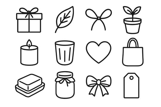 Natural Gift Icons. Natural Gift Options linear icon set. kraft box, leaf, twine bow, plant pot, candle, bamboo cup, heart, tote bag, soap, jar, ribbon, tag