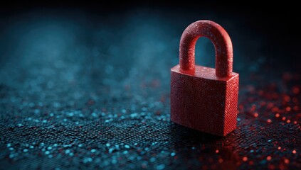 Close-up of a red padlock resting on a textured, dark surface with blue and red bokeh