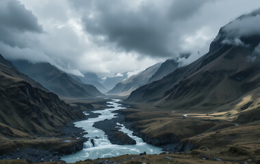 Dramatic Mountain Valley Landscape Under Stormy Clouds with a Winding River
