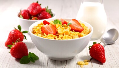 A bowl of golden breakfast cereal adorned with fresh strawberry slices, a bowl of strawberries, and a pitcher of milk