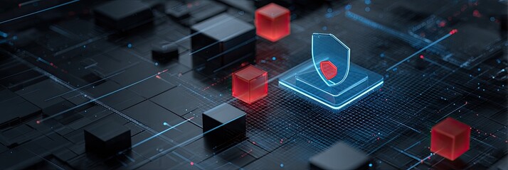 Futuristic digital schematic with illuminated shield icon and cubic structures on a circuit board
