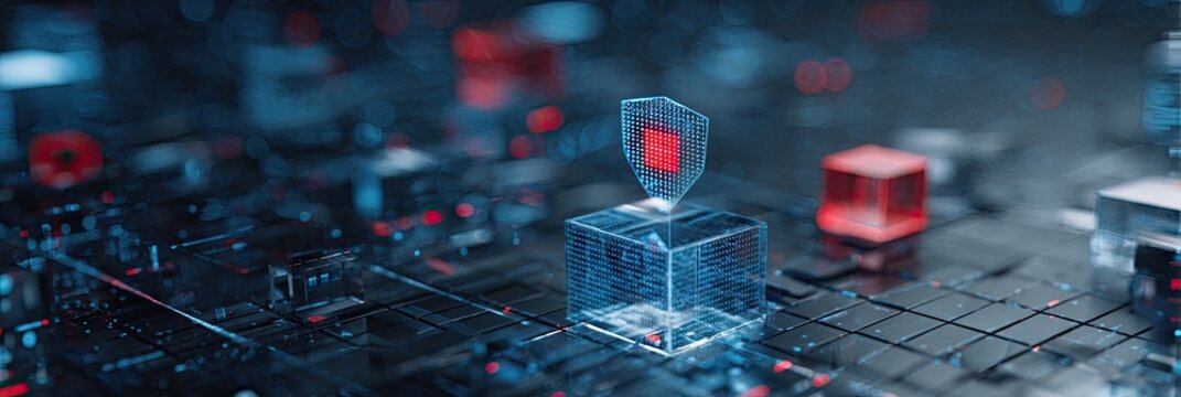 Futuristic digital abstract featuring glowing data structures and a security shield icon on a circuit board
