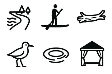 Waterfront Icon Set. Waterfront Activity Elements linear icon set: waterfront trail, paddleboard silhouette, driftwood piece, coastal bird, water ripple, shaded cabana