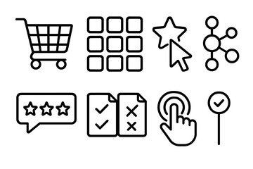 Digital Shopping Icons. Digital Consumer Behavior linear icon set: online cart, browse grid, recommendation star, click arrow, data preference node, review bubble, quick comparison
