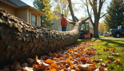 Fallen tree removal in sunny residential area. Worker uses loader equipment for cleanup of large trunk and branches on grassy yard near home. Autumn leaves cover lawn.