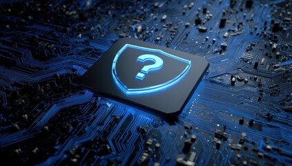 Glowing question mark shield overlaying a complex blue circuit board