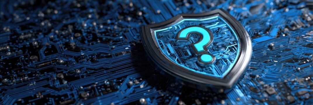 A metallic shield with a question mark on a blue circuit board background, representing data security