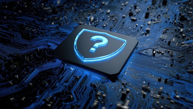 Glowing question mark shield overlaying a complex blue circuit board