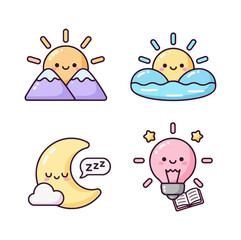 Cute candy-colored daily routine icons set: sunny mornings over mountains and clouds, sleeping crescent moon, and lightbulb idea with book.