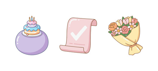 Set of adorable candy-colored event and celebration icons including birthday cake, completed scroll, and a beautiful bouquet of flowers.