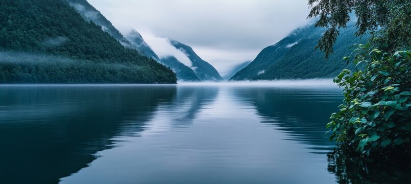 Moody Landscape of a Norwegian Fjord Under Overcast Sky with Majestic Mountain Reflections