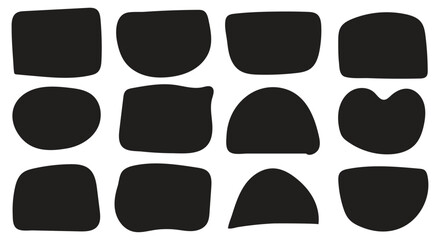 Abstract irregular round shapes and organic liquid blobs with soft oval patterns, wavy doodle curves, bubble elements, colourful splodge stains, geometric frames, minimal cute retro textures, trendy