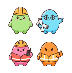 Set of cute candy-colored construction and engineering worker mascot characters icons wearing safety gear and uniforms on white background.