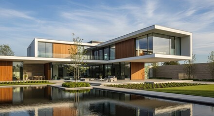 A modern, contemporary house with a large, glass-fronted facade and a water feature in the foreground.