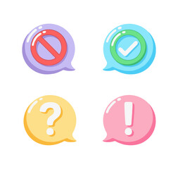 Sweet Candyland Pastel Bubble Speech Icon Set Showing Communication Status: Stop, Checkmark, Question Mark, and Exclamation Mark