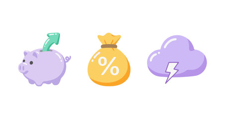 Sweet Candyland Pastel Finance and Investment Icons: Piggy Bank, Money Bag with Percent Sign, and Cloud with Lightning Bolt