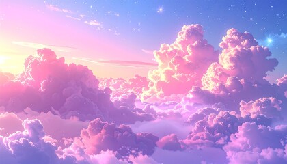 A breathtaking landscape with a vibrant sky filled with soft, voluminous clouds in shades of pink, purple, and blue