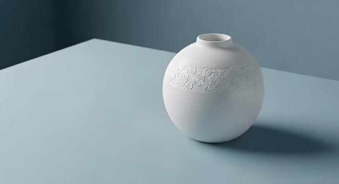 Minimalist white ceramic vase with subtle embossed floral pattern on a blue background