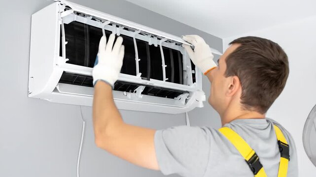 Professional Technician Performing Maintenance on an Indoor Air Conditioner.