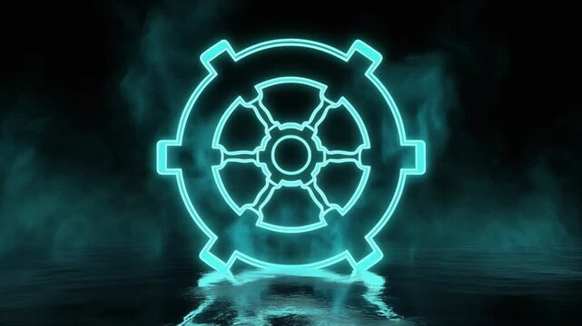 Glowing stylized helm with turquoise smoke over reflective water in dark, mystical atmosphere.