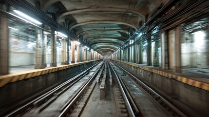 Obraz premium Urban Subway Tunnel Perspective: Motion Blur of Train Tracks, Arching Ceiling, Led Lights, and Industrial Design Elements in Underground Transportation System