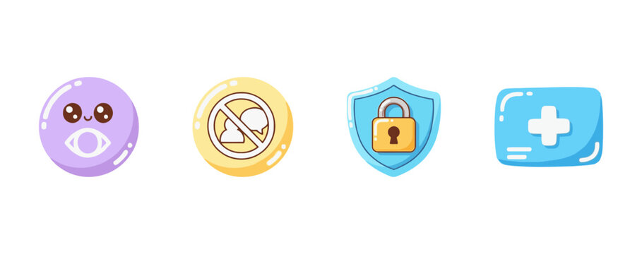 Cute Pastel Color Icon Set for Security, Privacy, Communication Block, and First Aid Illustration