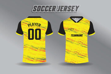 Yellow and black soccer jersey design with grunge pattern, front and back view