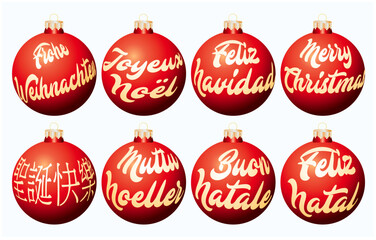vector illustration of Christmas balls with text in eight languages. Merry Christmas in English, French, German, Spanish, Portuguese, Italian, Chinese and Turkish