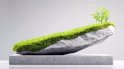A surreal floating island made of rock, covered in lush green grass and a small tree, balanced precariously on a concrete pedestal against a plain grey backgrou