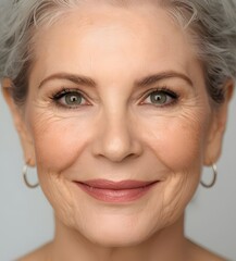 Close-up of attractive gorgeous senior middle-aged 60 years-old woman face wearing make-up , age gracefully with natural beauty