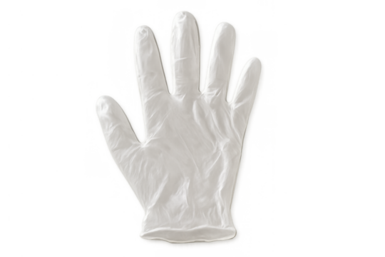 White disposable nitrile glove on a transparent background, offering protection and maintaining sterile conditions in various environments - Powered by Adobe