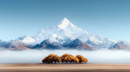A majestic snow-capped mountain range dominates the background, with lower, rocky slopes in the mid-ground. A thick layer of white fog blankets the valley, part
