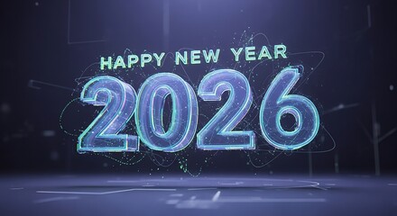 Happy new year 2026 digital tech glowing wireframe