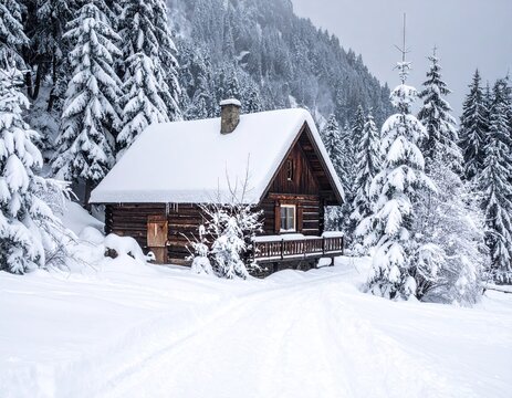 Snow Covered Log Cabin with Chimney in Winter Forest Scene Under Cloudy Sky White Landscape