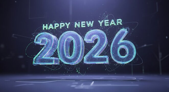Happy new year 2026 digital tech glowing wireframe