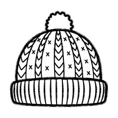 Stylized Black Line Art Winter Hat with Pom Pom and Knit Patterns