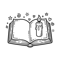Outline Illustration of Open Book and Candle with Enchanting Decorative Shapes
