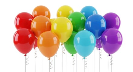 A colorful array of balloons in various colors, including red, yellow, green, blue, and purple, against a white background.