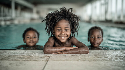 Happy African American children enjoying swimming time together at indoor pool edge