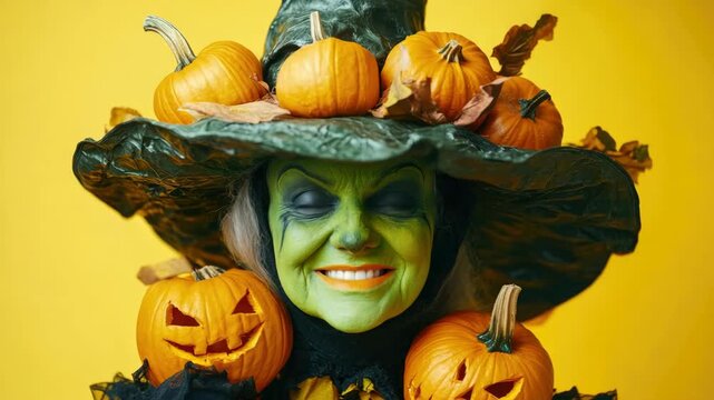 Halloween costume of a green witch with pumpkins on head and chin.